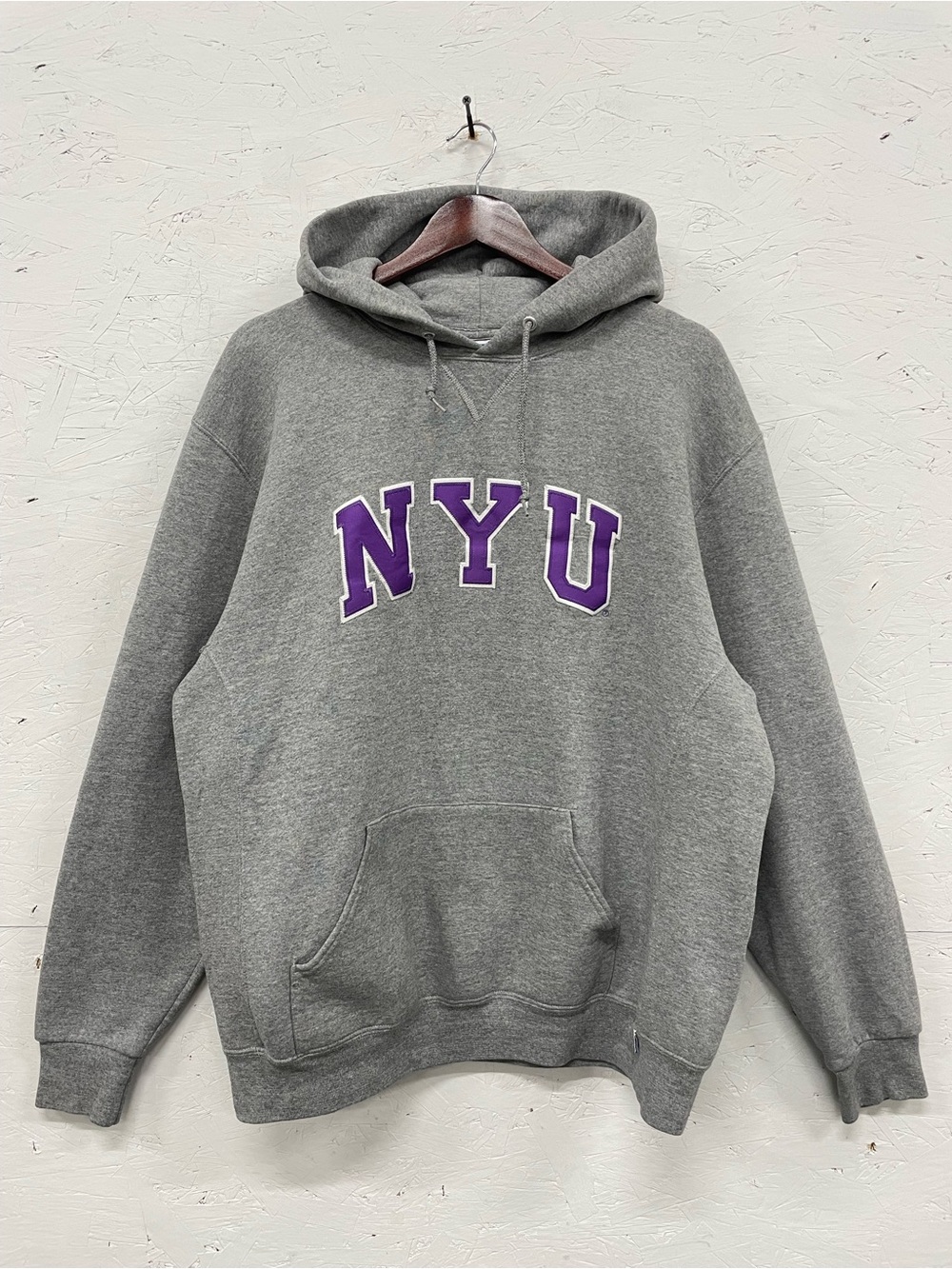 Vintage Russell Athletic NYU Hoodie, Size XL, Heather Gray and Purple